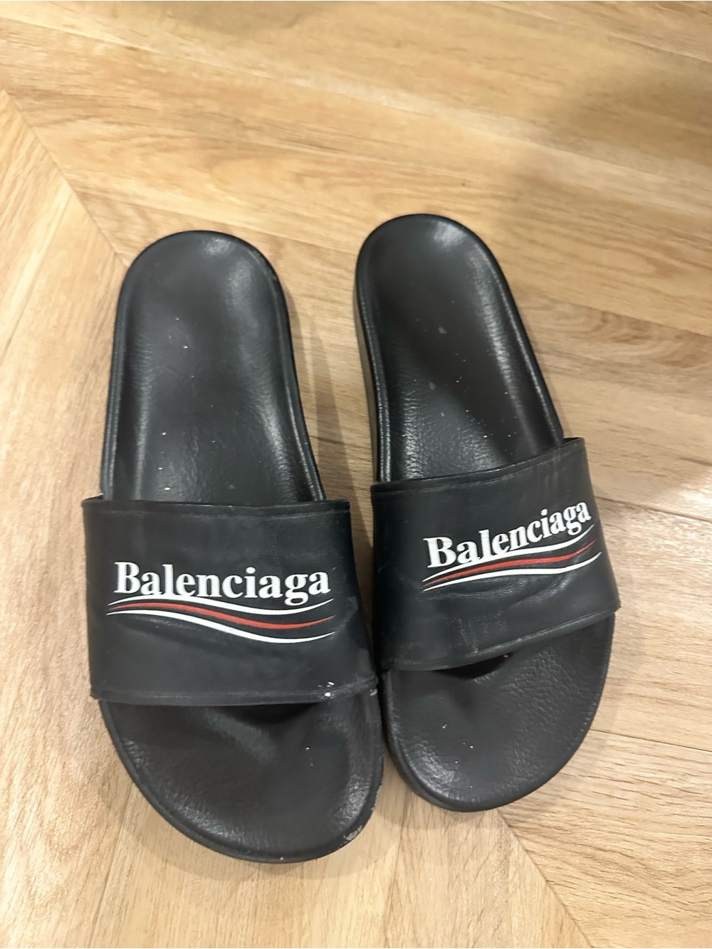 Balenciaga Black Slide Sandals with White and Red Logo